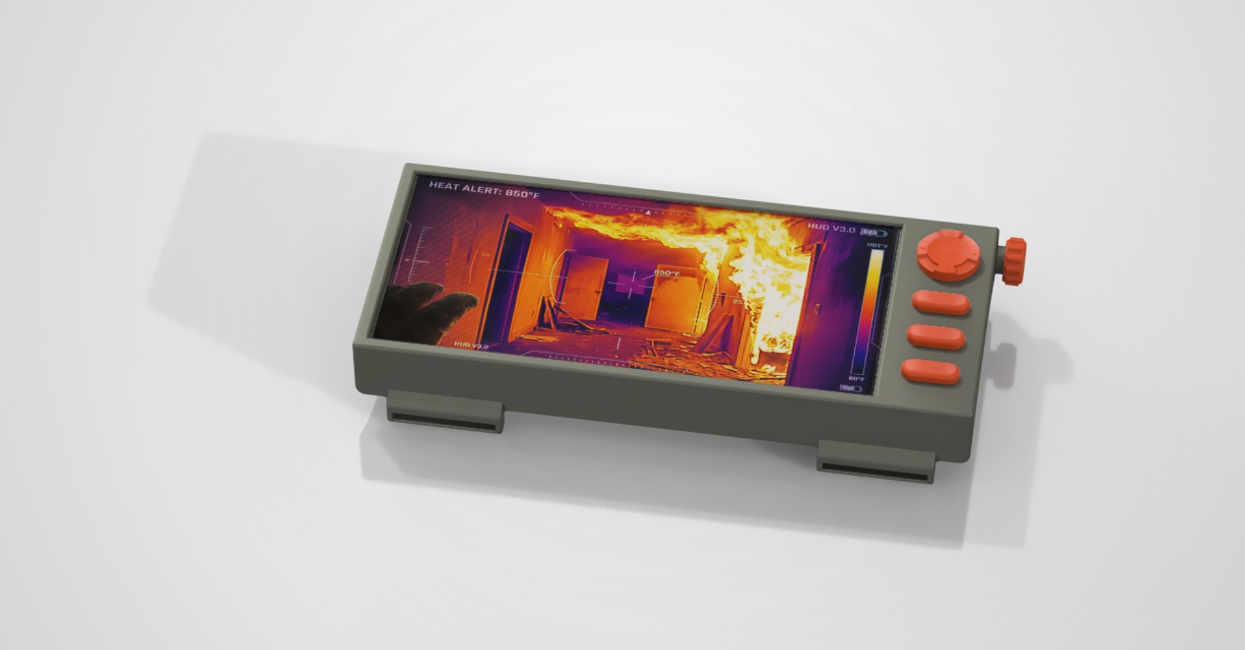 ARGUS arm unit concept render: a rugged graphite display with orange controls showing a thermal view of a burning hallway